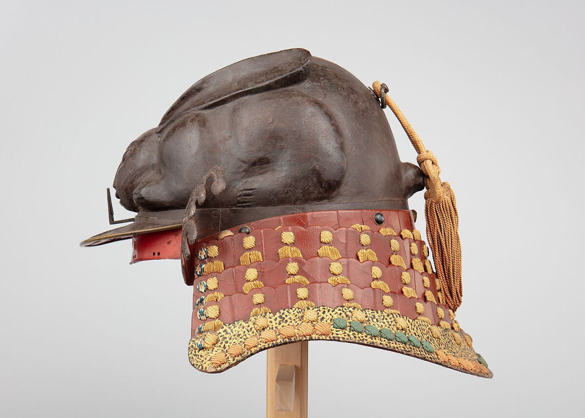 Helmet in the Shape of a Crouching Rabbit, Iron, lacquer, silver, gold, leather, silk, Japanese