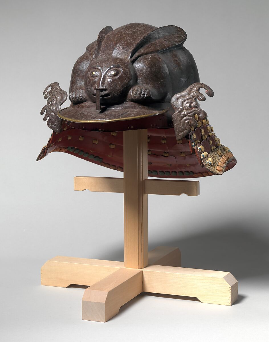 Helmet in the Shape of a Crouching Rabbit, Iron, lacquer, silver, gold, leather, silk, Japanese 