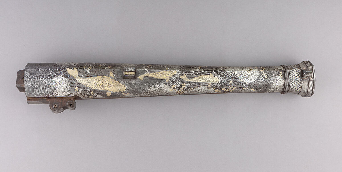 Hand Cannon, Inscribed by Kazuki Nobumichi (Japanese, active late 18th–early 19th century), Iron, gold, silver, wood, brass, Japanese