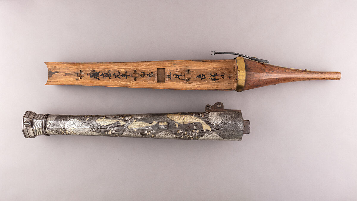 Hand Cannon, Inscribed by Kazuki Nobumichi (Japanese, active late 18th–early 19th century), Iron, gold, silver, wood, brass, Japanese