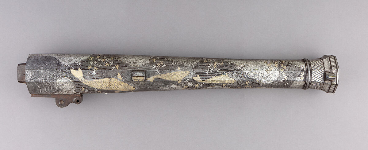 Hand Cannon, Inscribed by Kazuki Nobumichi (Japanese, active late 18th–early 19th century), Iron, gold, silver, wood, brass, Japanese