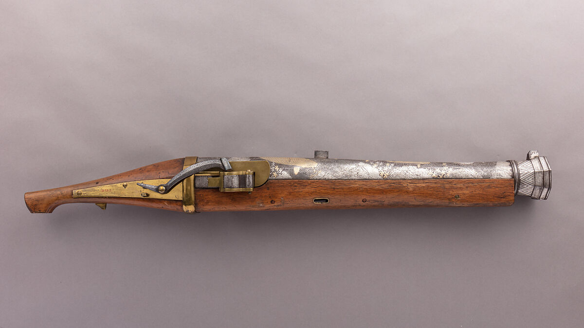 Hand Cannon, Inscribed by Kazuki Nobumichi (Japanese, active late 18th–early 19th century), Iron, gold, silver, wood, brass, Japanese 