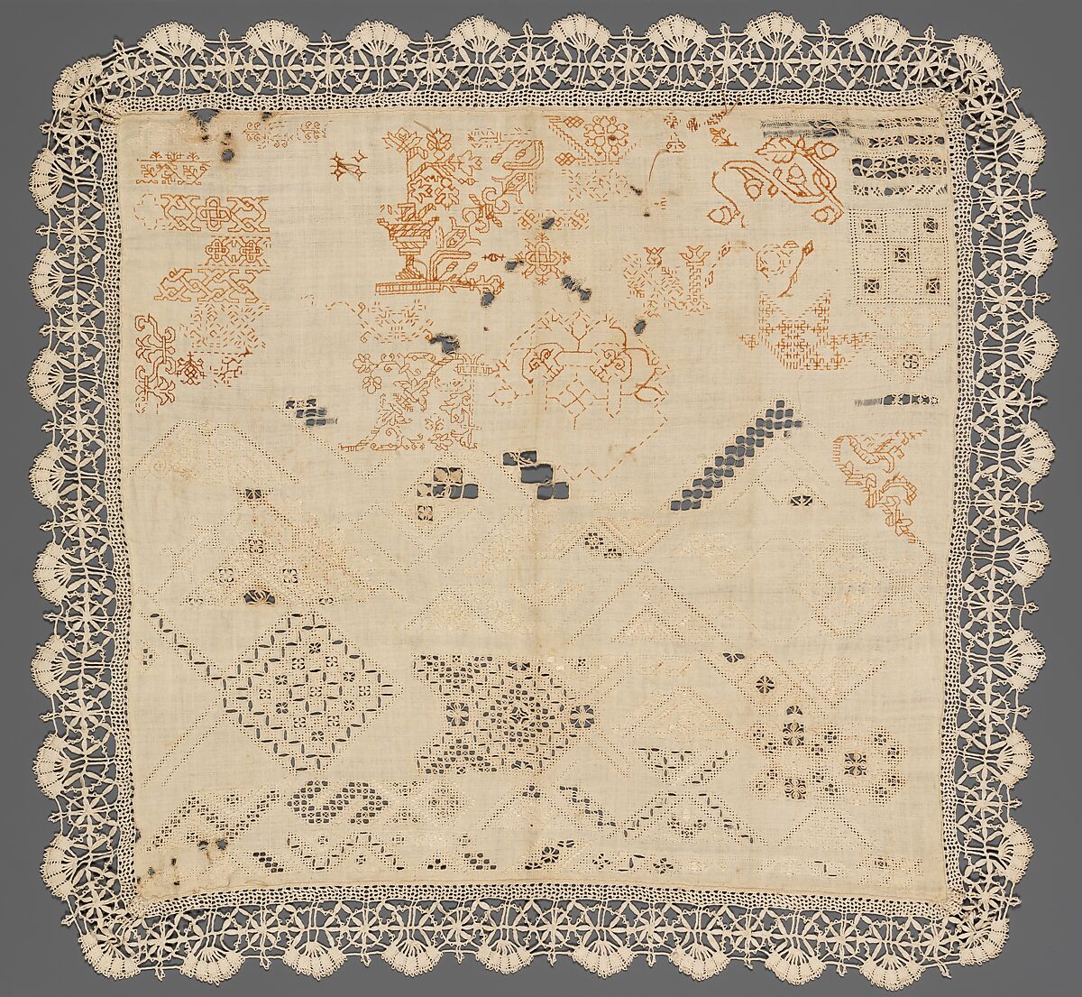 Embroidered sampler, Silk and linen on linen foundation, bobbin lace, Italian