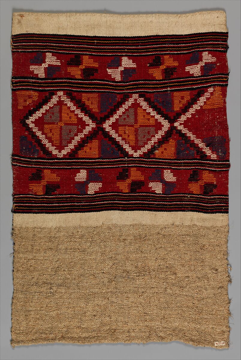 Towel “Prosop de Culme”, Plain weave and tapestry weave; warp: undyed hemp, Z spun, 5–6 per cm; weft: undyed hemp, Z spun, 4–5/cm; dyed cotton, Z Spun, 20 per cm, Romanian 