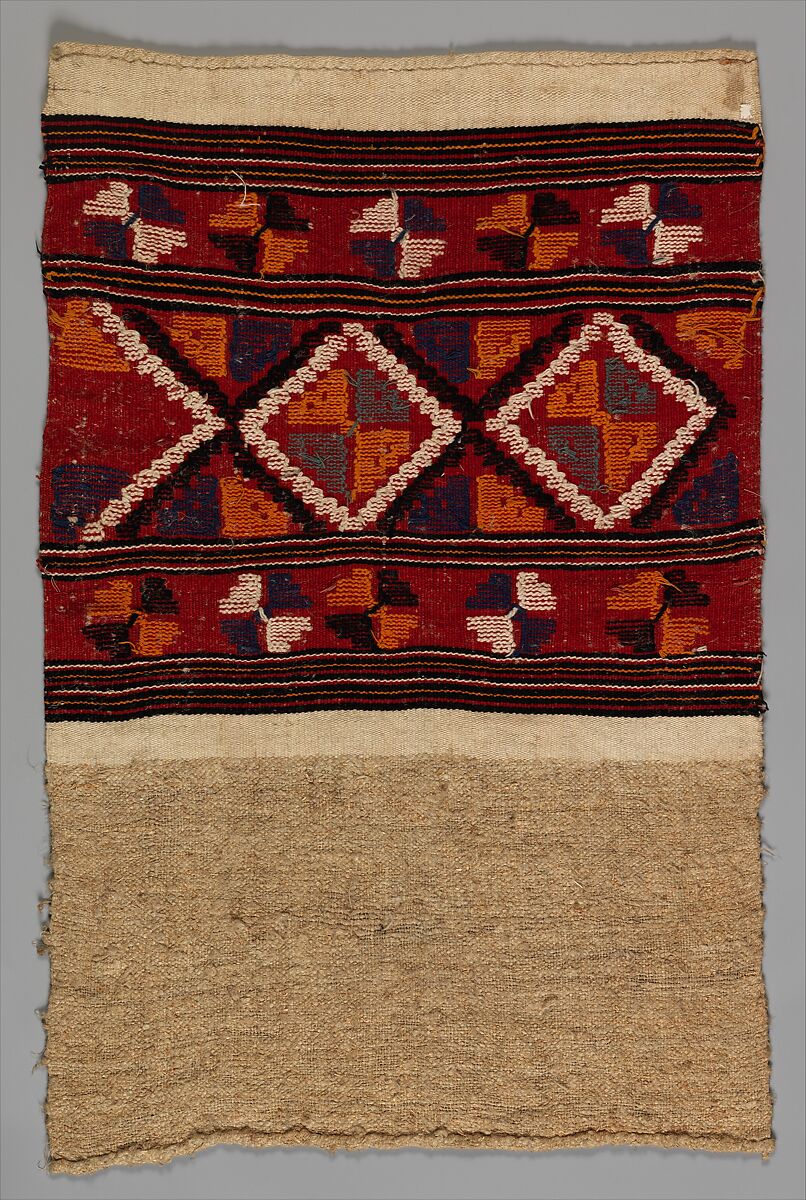 Towel “Prosop de Culme”, Plain weave and tapestry weave; warp: undyed hemp, Z spun, 5–6 per cm; weft: undyed hemp, Z spun, 4–5/cm; dyed cotton, Z Spun, 20 per cm, Romanian