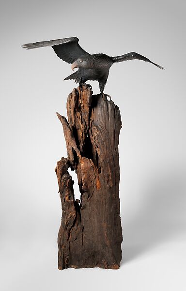 Eagle with Outstreched Wings, Attributed to Suzuki Chōkichi (Japanese, 1848–1919), Iron, pigment, shakudo, shibuichi, wood, Japanese 