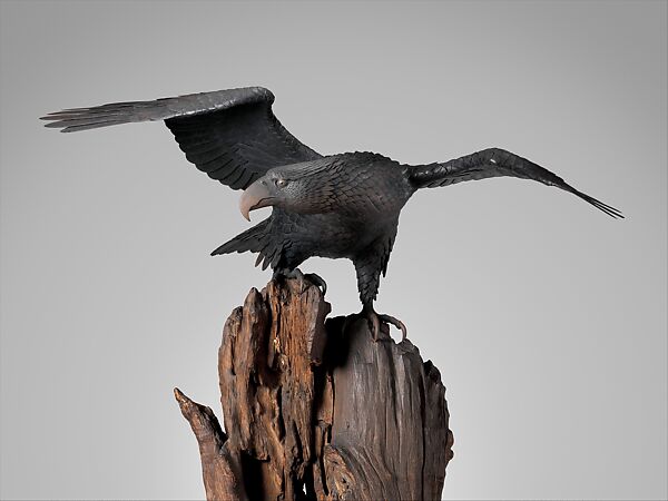 Eagle with Outstreched Wings, Attributed to Suzuki Chōkichi (Japanese, 1848–1919), Iron, pigment, shakudo, shibuichi, wood, Japanese