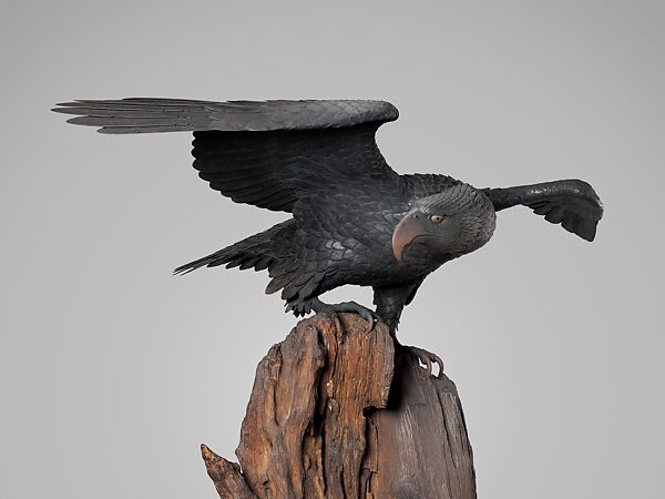 Eagle with Outstreched Wings, Attributed to Suzuki Chōkichi (Japanese, 1848–1919), Iron, pigment, shakudo, shibuichi, wood, Japanese