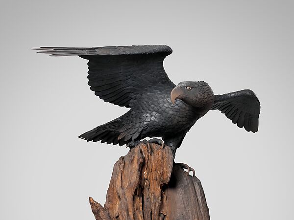 Eagle with Outstreched Wings, Attributed to Suzuki Chōkichi (Japanese, 1848–1919), Iron, pigment, shakudo, shibuichi, wood, Japanese