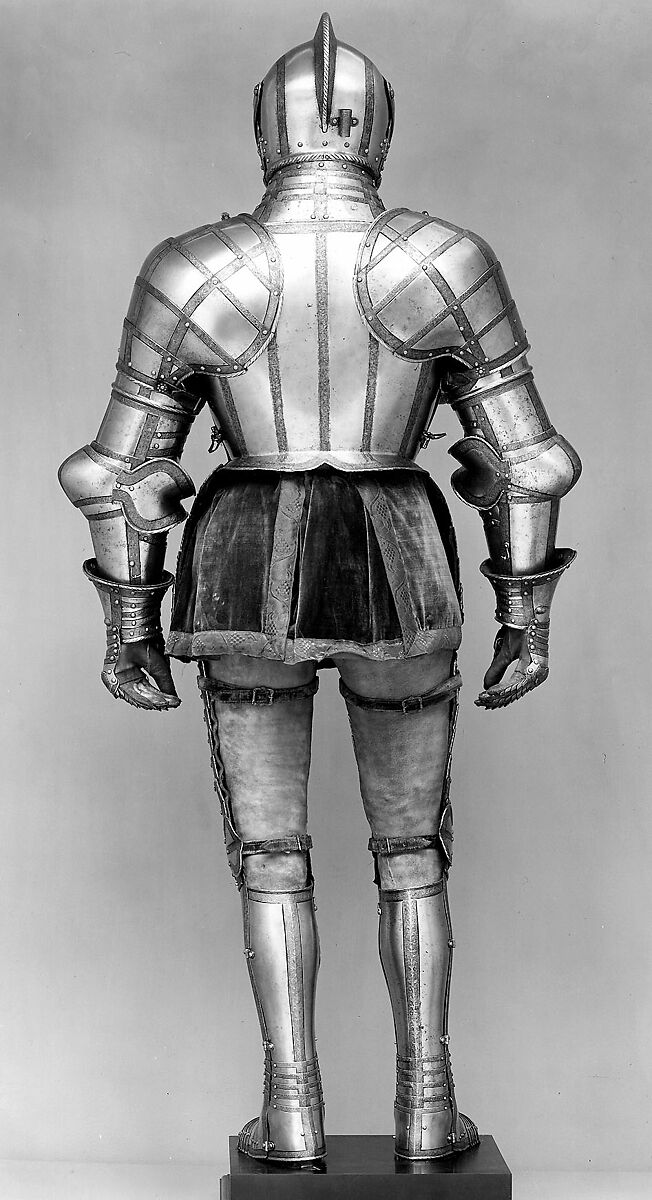 Field Armor Probably of Sir John 
Scudamore (1541 or 1542–1623), Made under the direction of Jacob Halder (British, master armorer at the royal workshops at Greenwich, documented in England 1558–1608), Steel, gold, leather, British, Greenwich