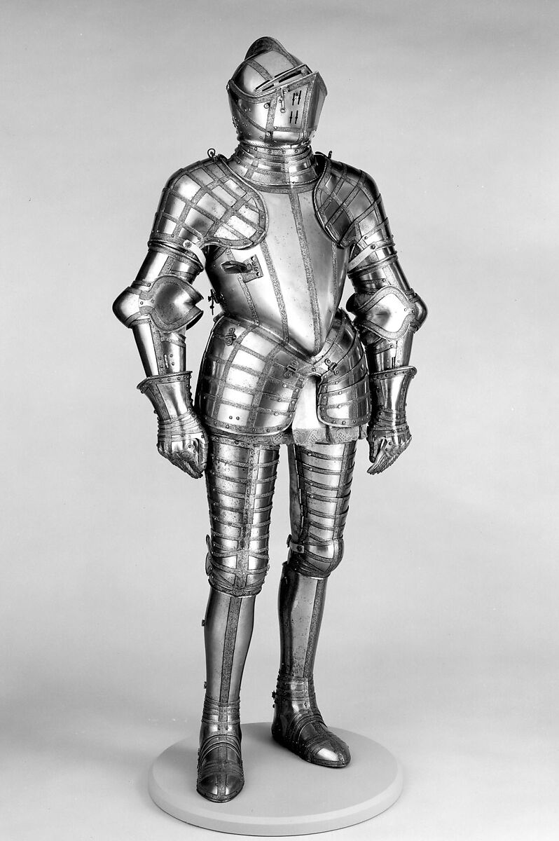 Field Armor Probably of Sir John 
Scudamore (1541 or 1542–1623), Made under the direction of Jacob Halder (British, master armorer at the royal workshops at Greenwich, documented in England 1558–1608), Steel, gold, leather, British, Greenwich 