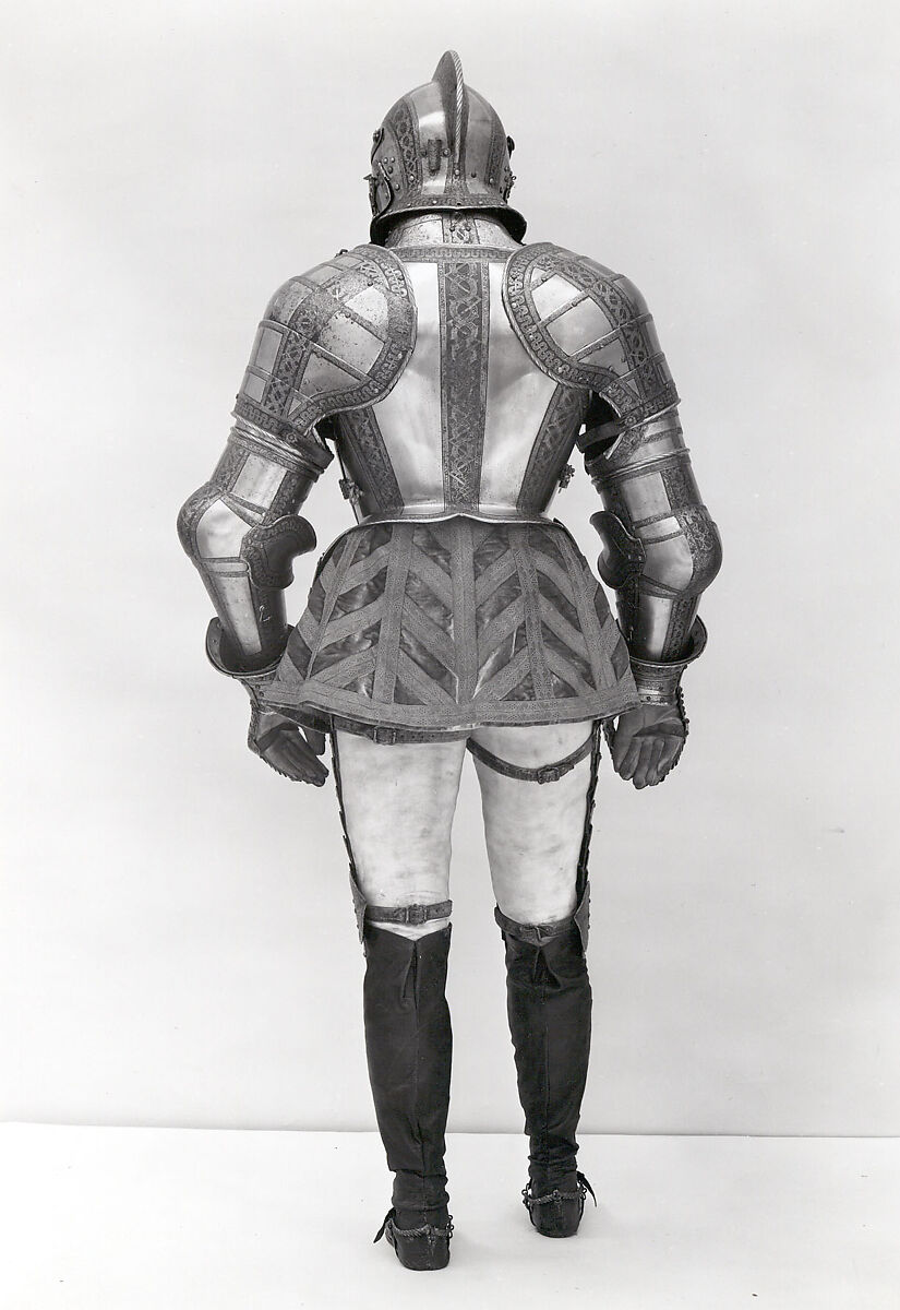 Armor of Sir James Scudamore (1558–1619), Made under the direction of Jacob Halder (British, master armorer at the royal workshops at Greenwich, documented in England 1558–1608), Steel, gold, leather, British, Greenwich