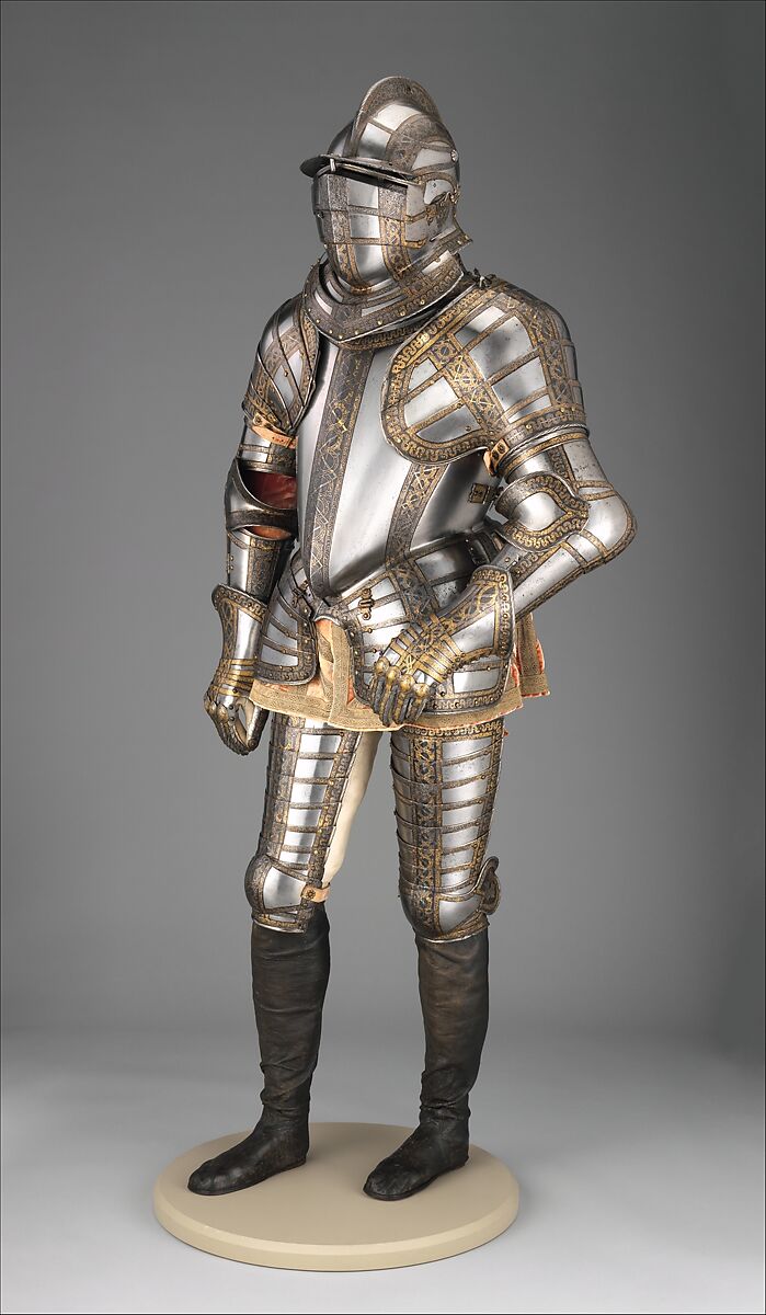 Armor of Sir James Scudamore (1558–1619), Made under the direction of Jacob Halder (British, master armorer at the royal workshops at Greenwich, documented in England 1558–1608), Steel, gold, leather, British, Greenwich 