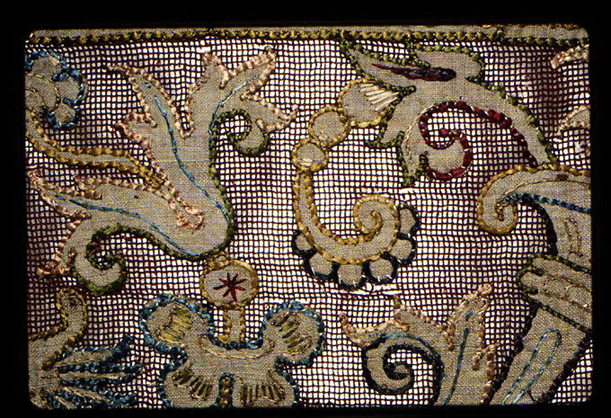 Band, Embroidered net, buratto, linen and silk, Italian