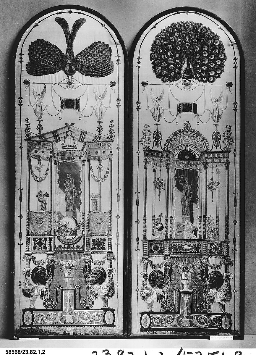 Pair of wall panels, attributed to Jean Démosthène Dugourc (French, Versailles 1749–1825 Paris), Silk and metal thread on silk, French