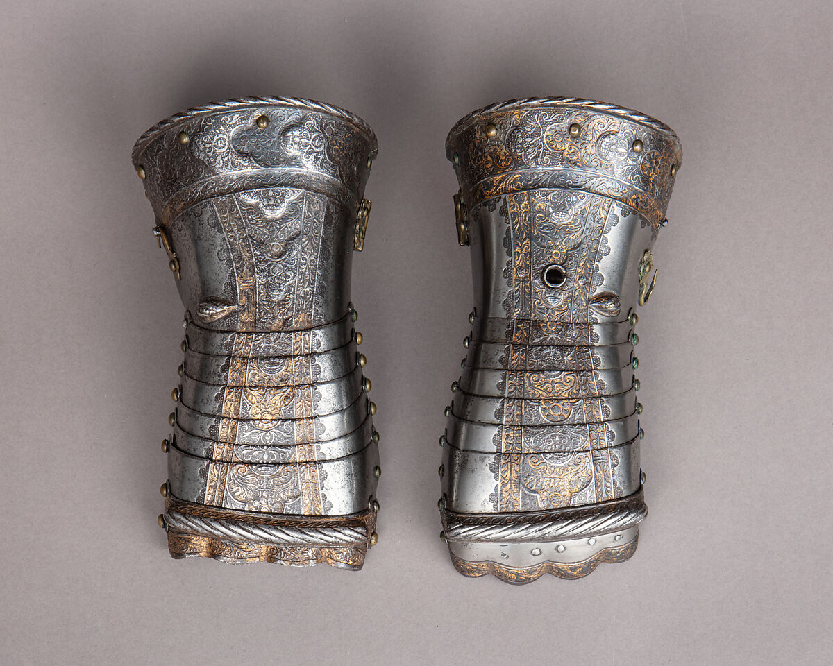 Pair of Gauntlets, Steel, gold, copper alloy, German, probably Augsburg 