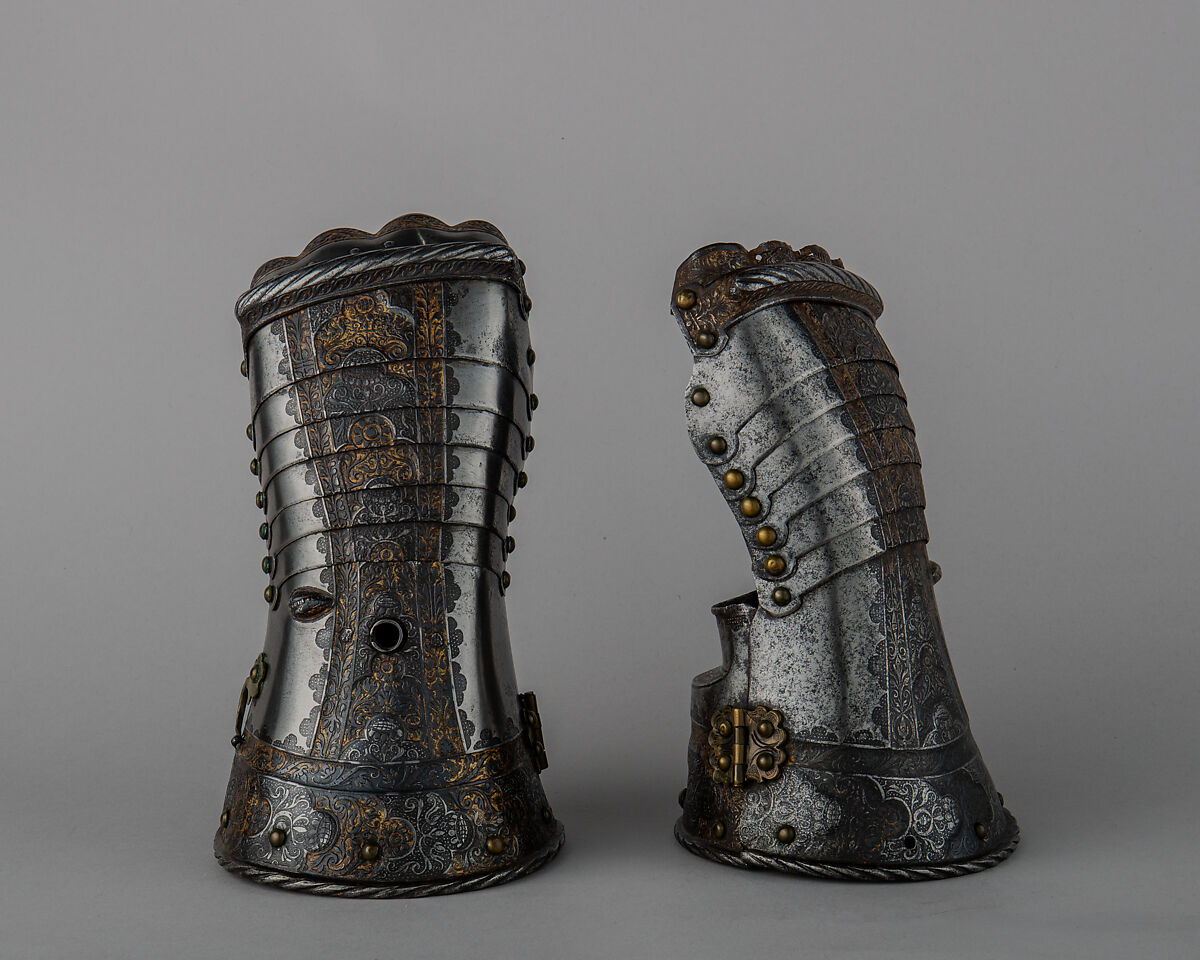 Pair of Gauntlets, Steel, gold, copper alloy, German, probably Augsburg