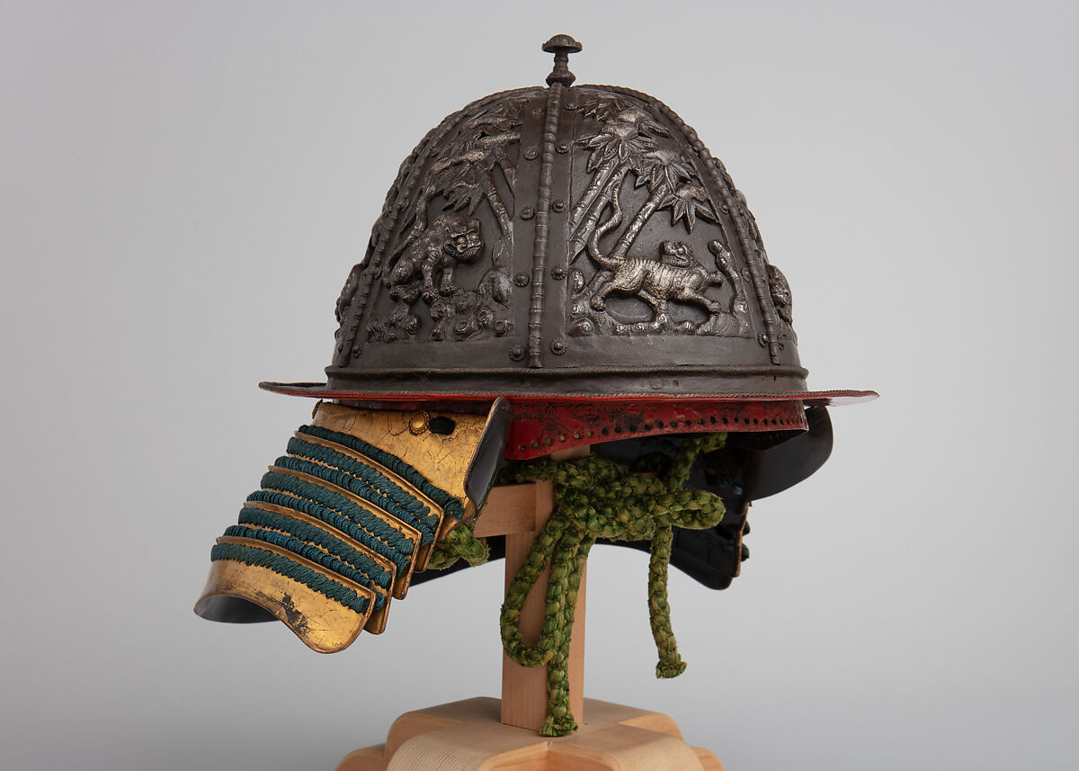 Helmet, Iron, lacquer, silk, Japanese 