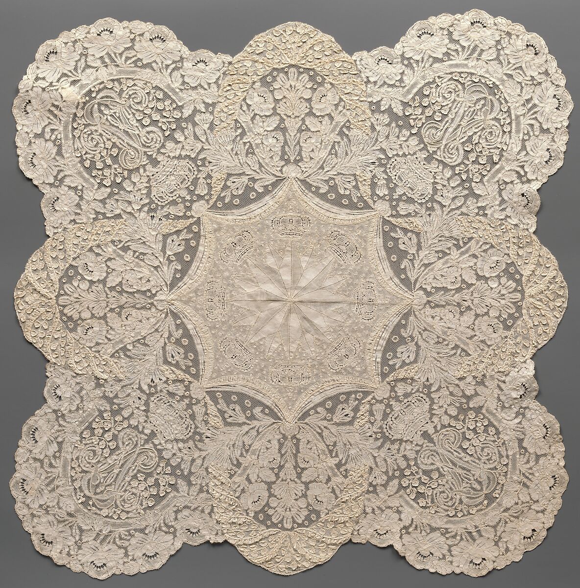 Handkerchief, Convent of Notre Dame de Visitation, Cotton, bobbin lace, Belgian, Ghent 