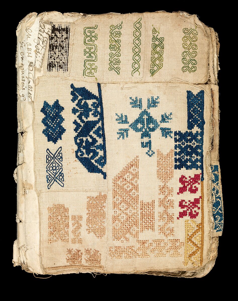 Booklet of embroidery and drawnwork, Linen, silk, leather, paper; techniques include cross stitch, reticello, drawnwork, satin stitch, knots, bullion stitch, probably Portuguese 