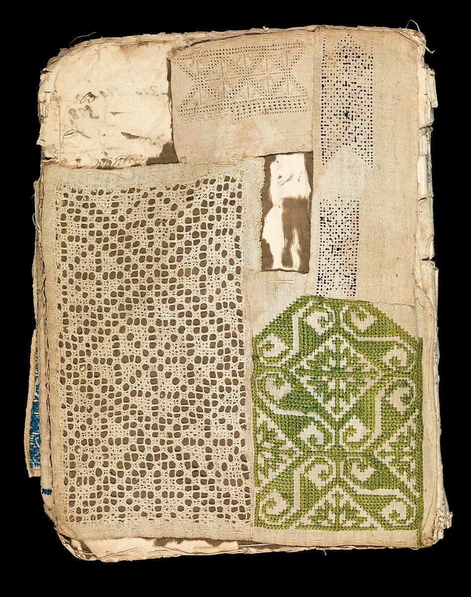 Booklet of embroidery and drawnwork, Linen, silk, leather, paper; techniques include cross stitch, reticello, drawnwork, satin stitch, knots, bullion stitch, probably Portuguese