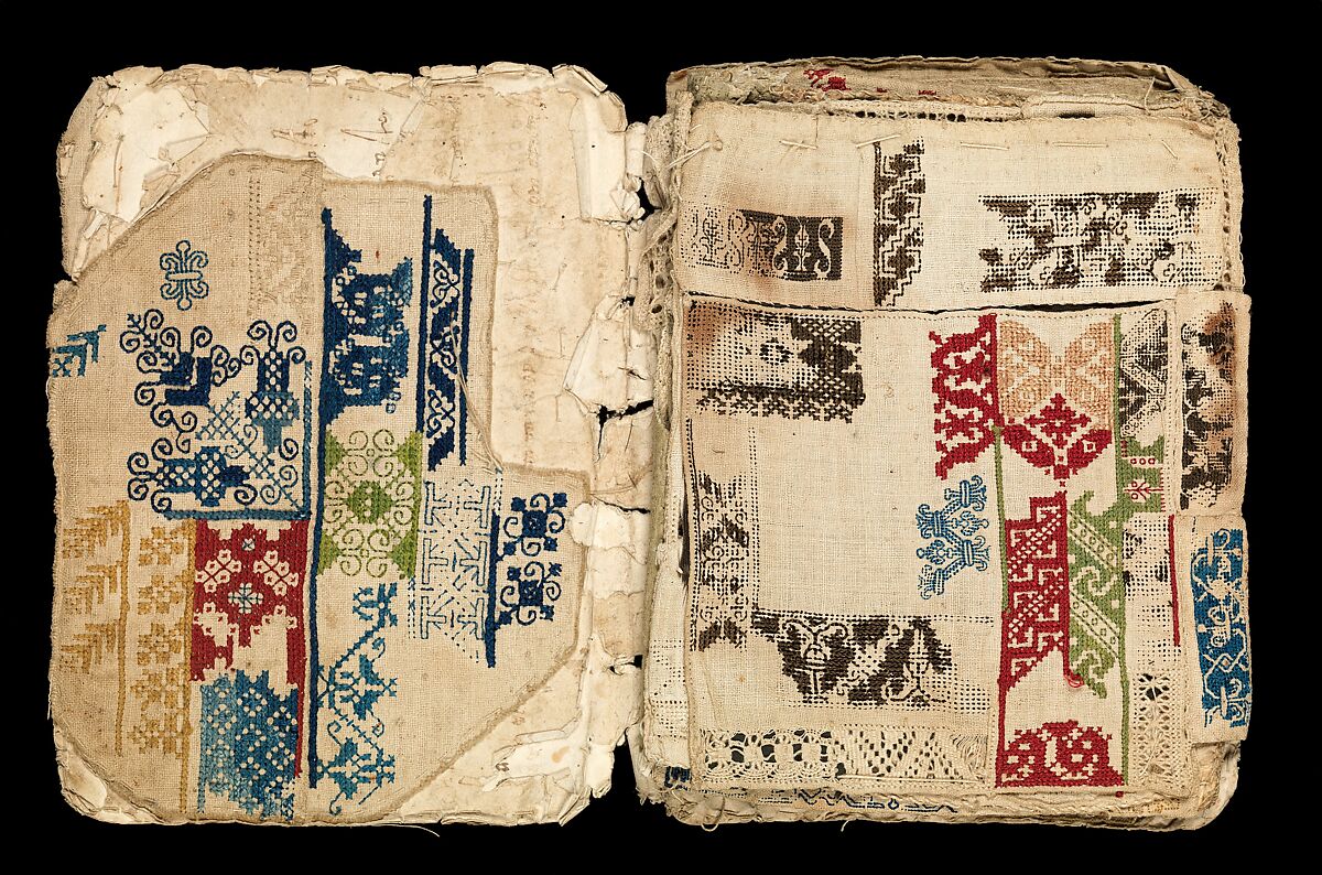 Booklet of embroidery and drawnwork, Linen, silk, leather, paper; techniques include cross stitch, reticello, drawnwork, satin stitch, knots, bullion stitch, probably Portuguese