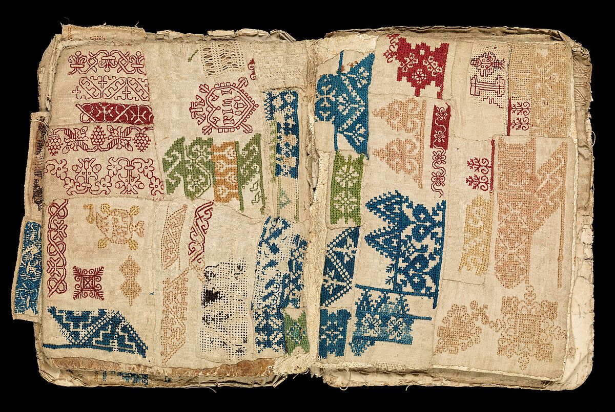 Booklet of embroidery and drawnwork, Linen, silk, leather, paper; techniques include cross stitch, reticello, drawnwork, satin stitch, knots, bullion stitch, probably Portuguese