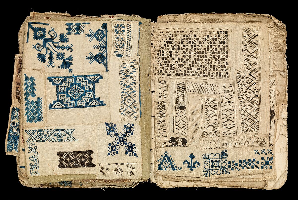 Booklet of embroidery and drawnwork, Linen, silk, leather, paper; techniques include cross stitch, reticello, drawnwork, satin stitch, knots, bullion stitch, probably Portuguese