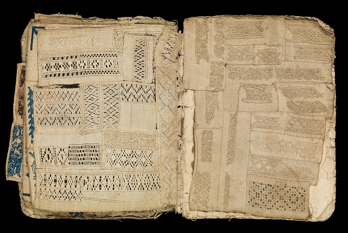 Booklet of embroidery and drawnwork, Linen, silk, leather, paper; techniques include cross stitch, reticello, drawnwork, satin stitch, knots, bullion stitch, probably Portuguese