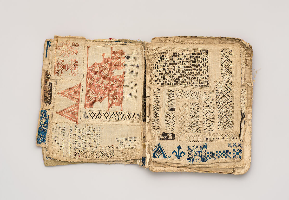 Booklet of embroidery and drawnwork, Linen, silk, leather, paper; techniques include cross stitch, reticello, drawnwork, satin stitch, knots, bullion stitch, probably Portuguese