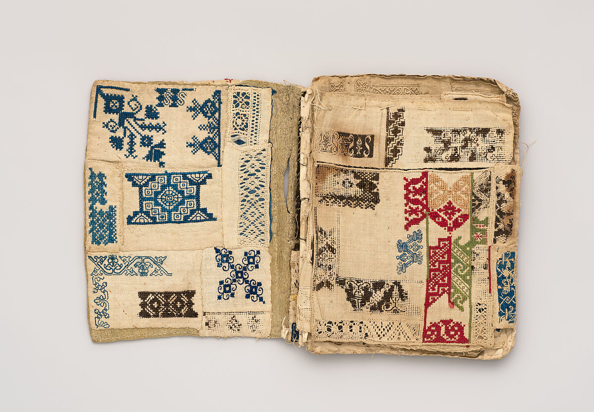 Booklet of embroidery and drawnwork, Linen, silk, leather, paper; techniques include cross stitch, reticello, drawnwork, satin stitch, knots, bullion stitch, probably Portuguese