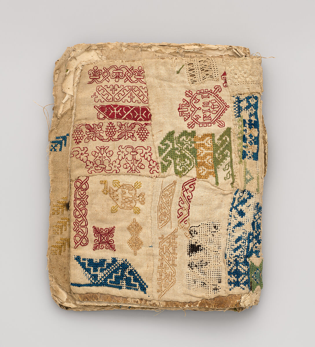 Booklet of embroidery and drawnwork, Linen, silk, leather, paper; techniques include cross stitch, reticello, drawnwork, satin stitch, knots, bullion stitch, probably Portuguese