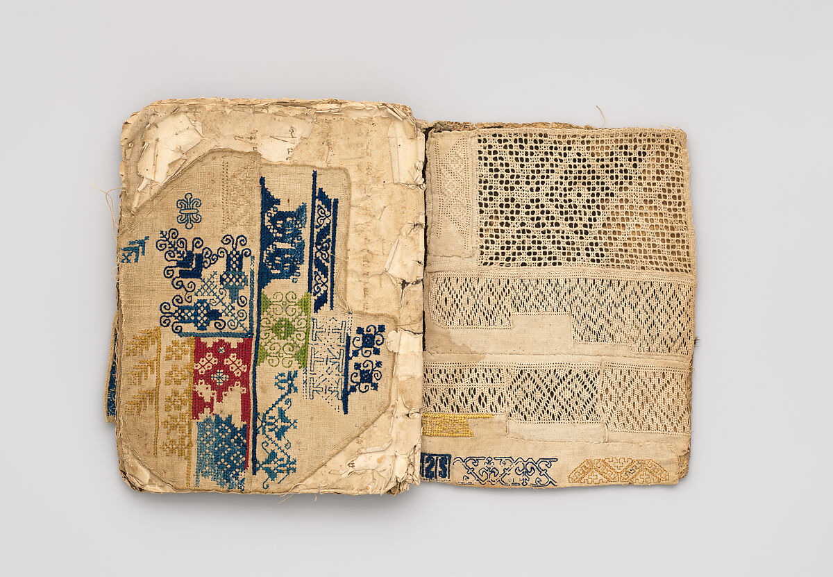 Booklet of embroidery and drawnwork, Linen, silk, leather, paper; techniques include cross stitch, reticello, drawnwork, satin stitch, knots, bullion stitch, probably Portuguese
