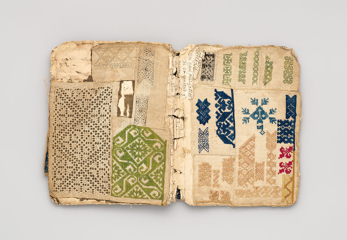 Booklet of embroidery and drawnwork, Linen, silk, leather, paper; techniques include cross stitch, reticello, drawnwork, satin stitch, knots, bullion stitch, probably Portuguese