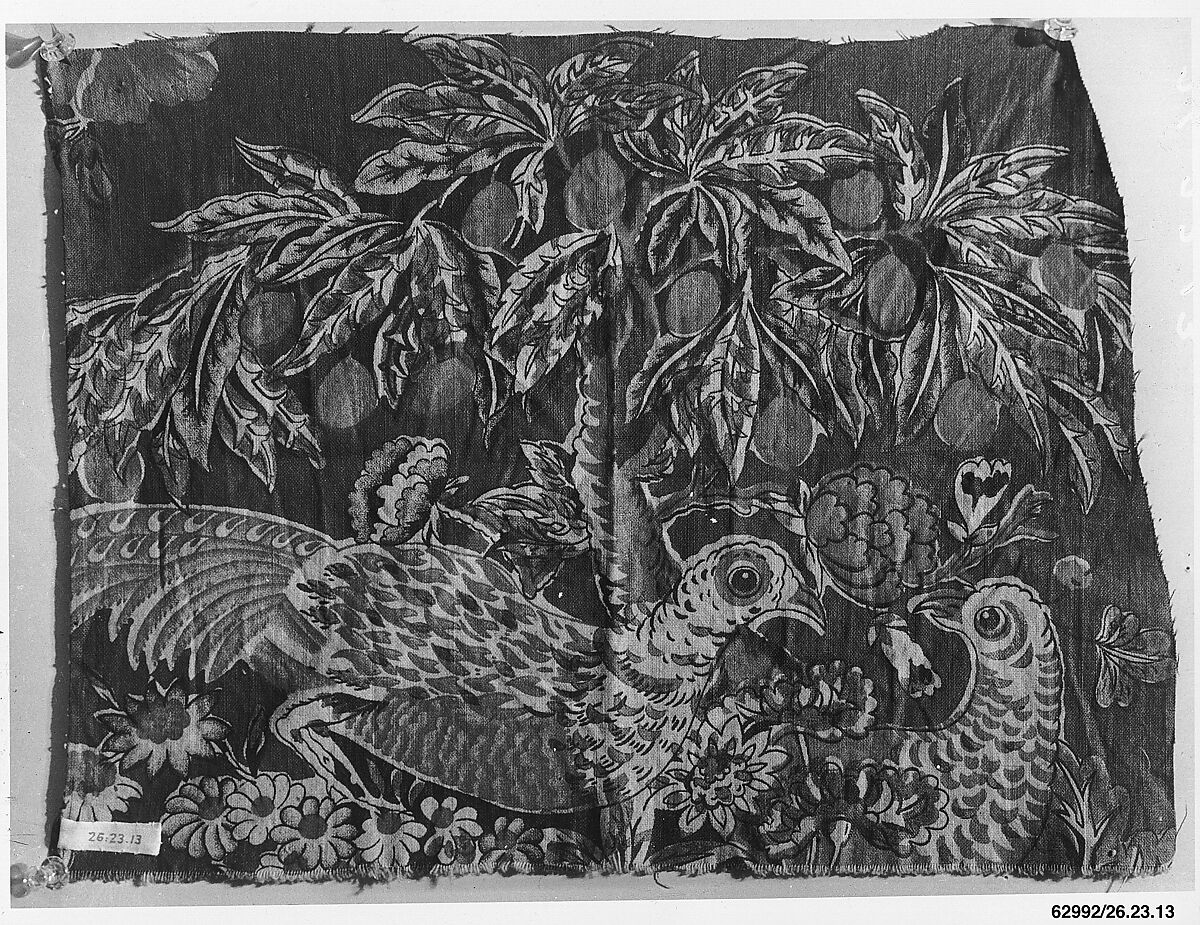 Fragment of textile printed with game birds, Cotton, British 