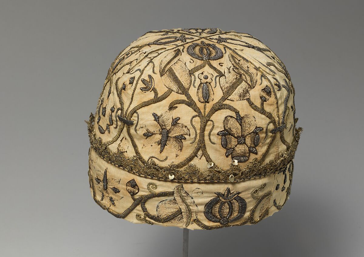 Night cap, Linen worked with silk and metal thread, spangles; speckling, running, outline, and plaited braid stitches; metal bobbin lace, British