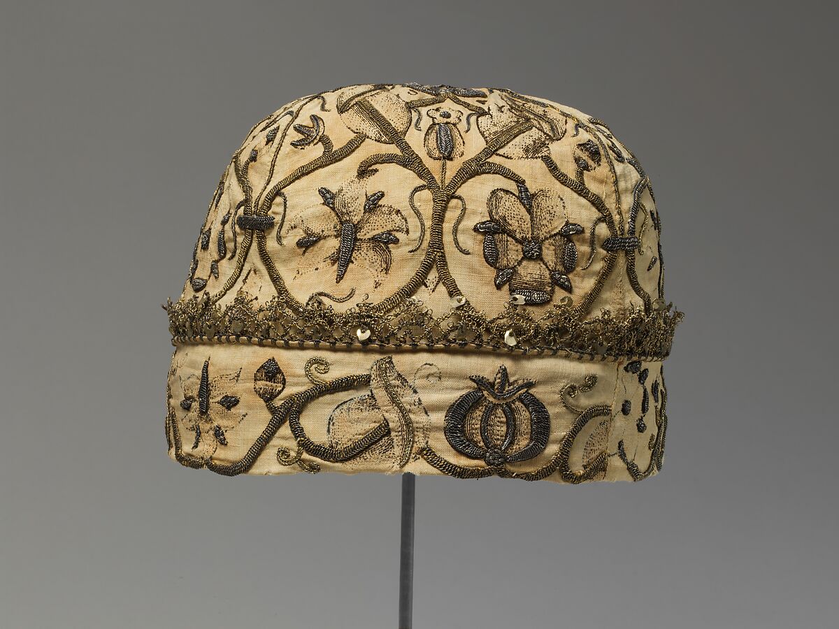 Night cap, Linen worked with silk and metal thread, spangles; speckling, running, outline, and plaited braid stitches; metal bobbin lace, British