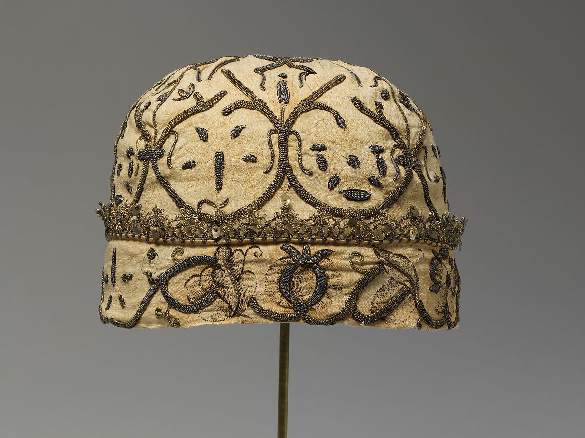 Night cap, Linen worked with silk and metal thread, spangles; speckling, running, outline, and plaited braid stitches; metal bobbin lace, British