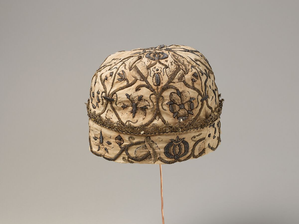 Night cap, Linen worked with silk and metal thread, spangles; speckling, running, outline, and plaited braid stitches; metal bobbin lace, British