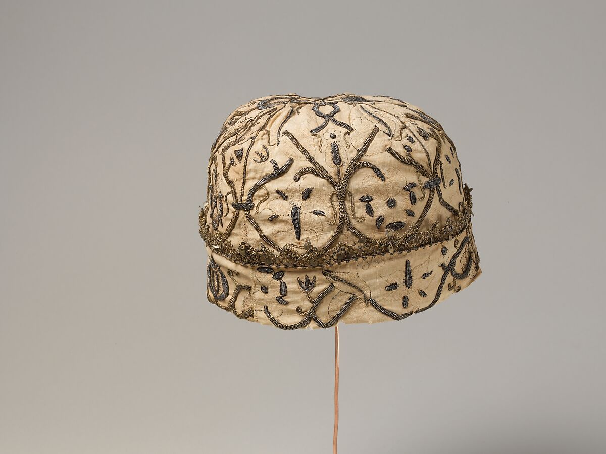 Night cap, Linen worked with silk and metal thread, spangles; speckling, running, outline, and plaited braid stitches; metal bobbin lace, British