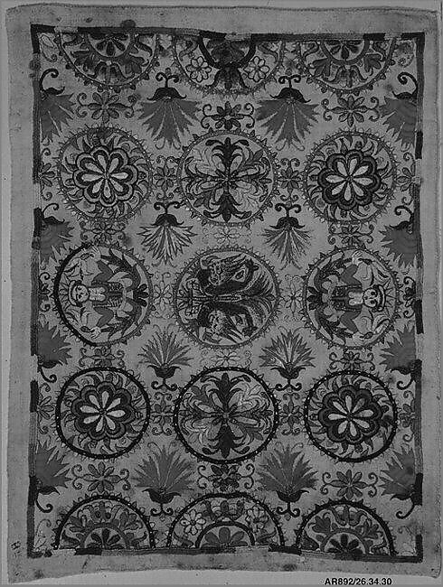 Square, Silk and metal thread on linen, Greek Islands, Crete