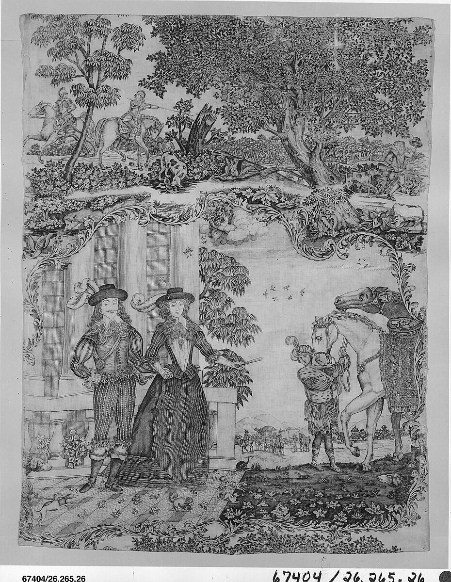 Copper plate printed cotton with King Charles I and Queen Henrietta Maria, Cotton, British