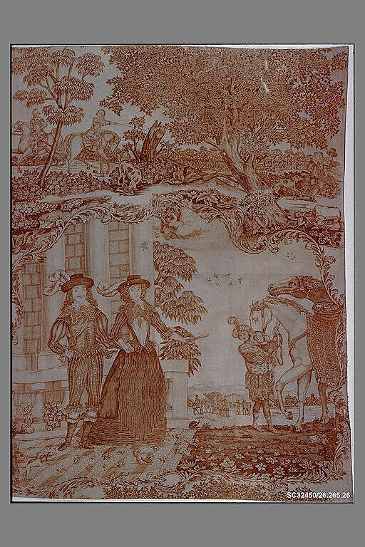 Copper plate printed cotton with King Charles I and Queen Henrietta Maria, Cotton, British