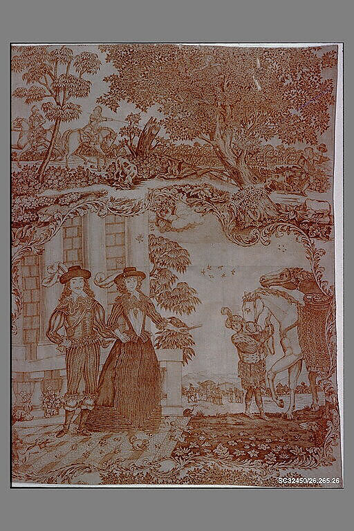 Copper plate printed cotton with King Charles I and Queen Henrietta Maria, Cotton, British 