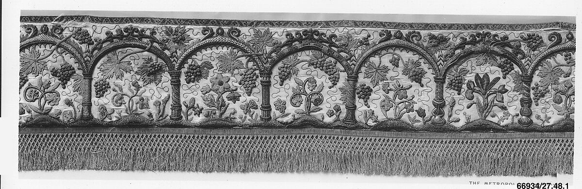 Valance, Silk and metal thread on silk, British