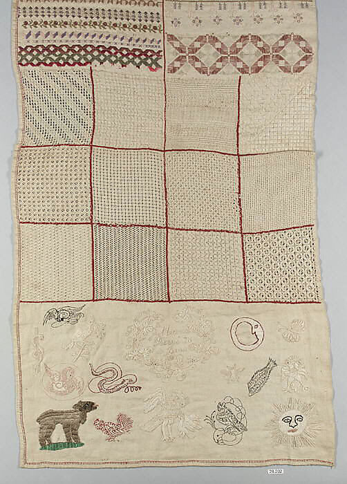 Sampler, Cotton and silk on linen, Mexican 