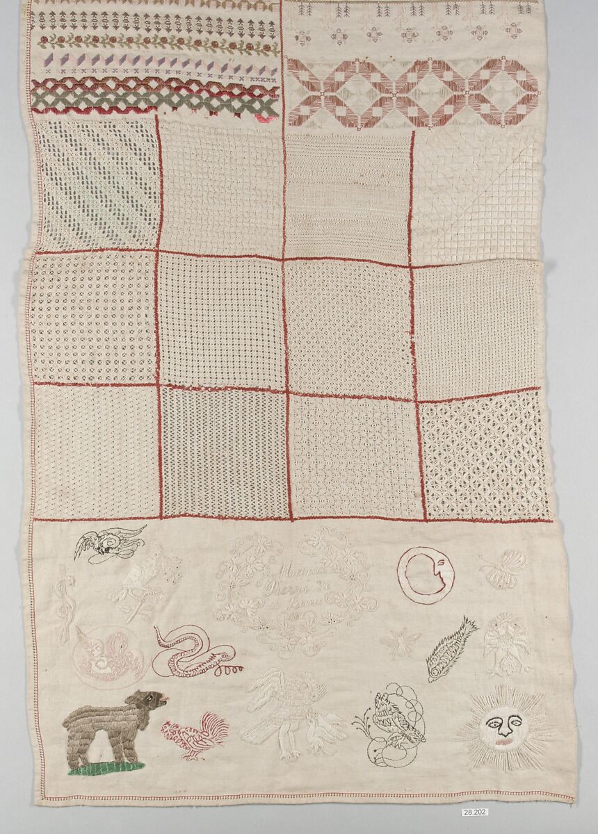 Sampler, Cotton and silk on linen, Mexican