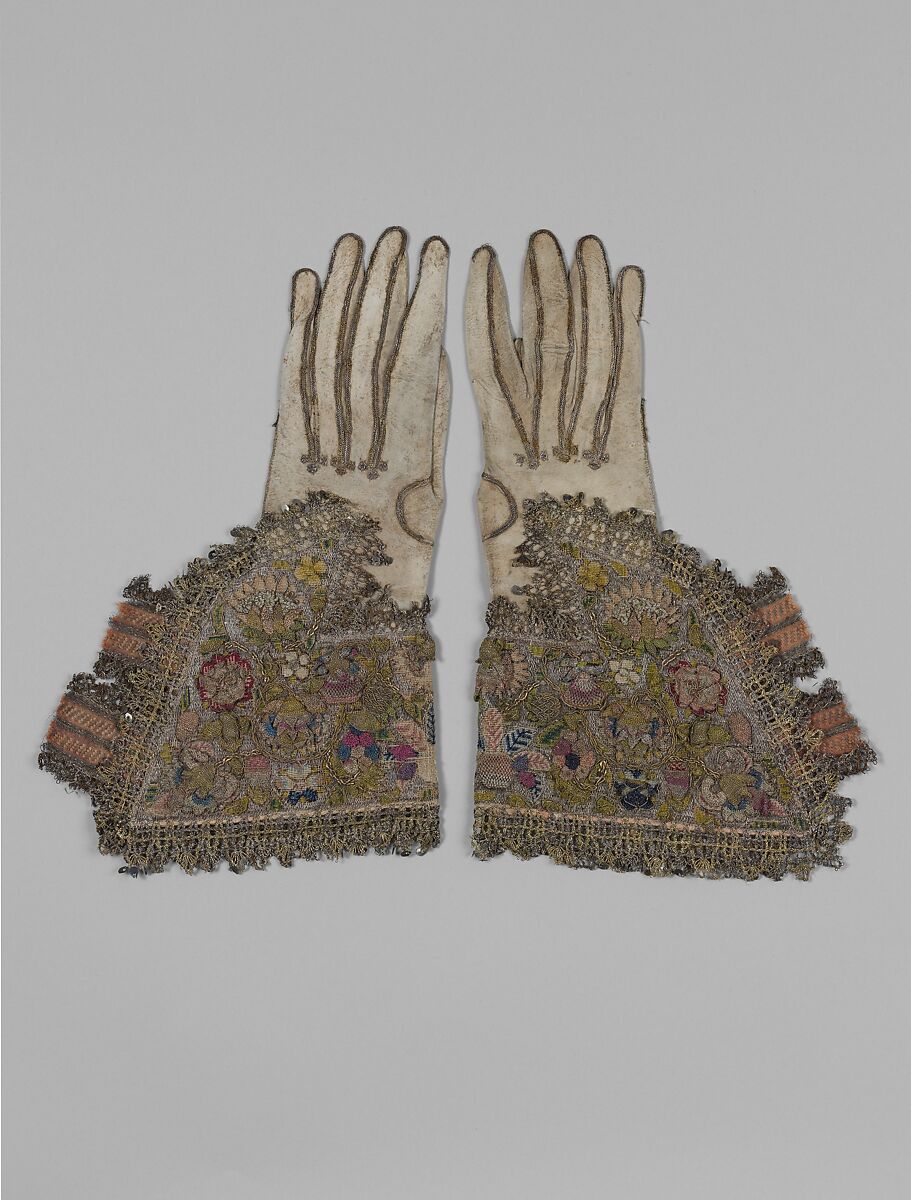Pair of gloves, Leather; canvas worked with silk and metal thread; tent, Gobelin, detached buttonhole variations, and plaited braid stitches; metal bobbin lace; silk and metal ribbon, British 