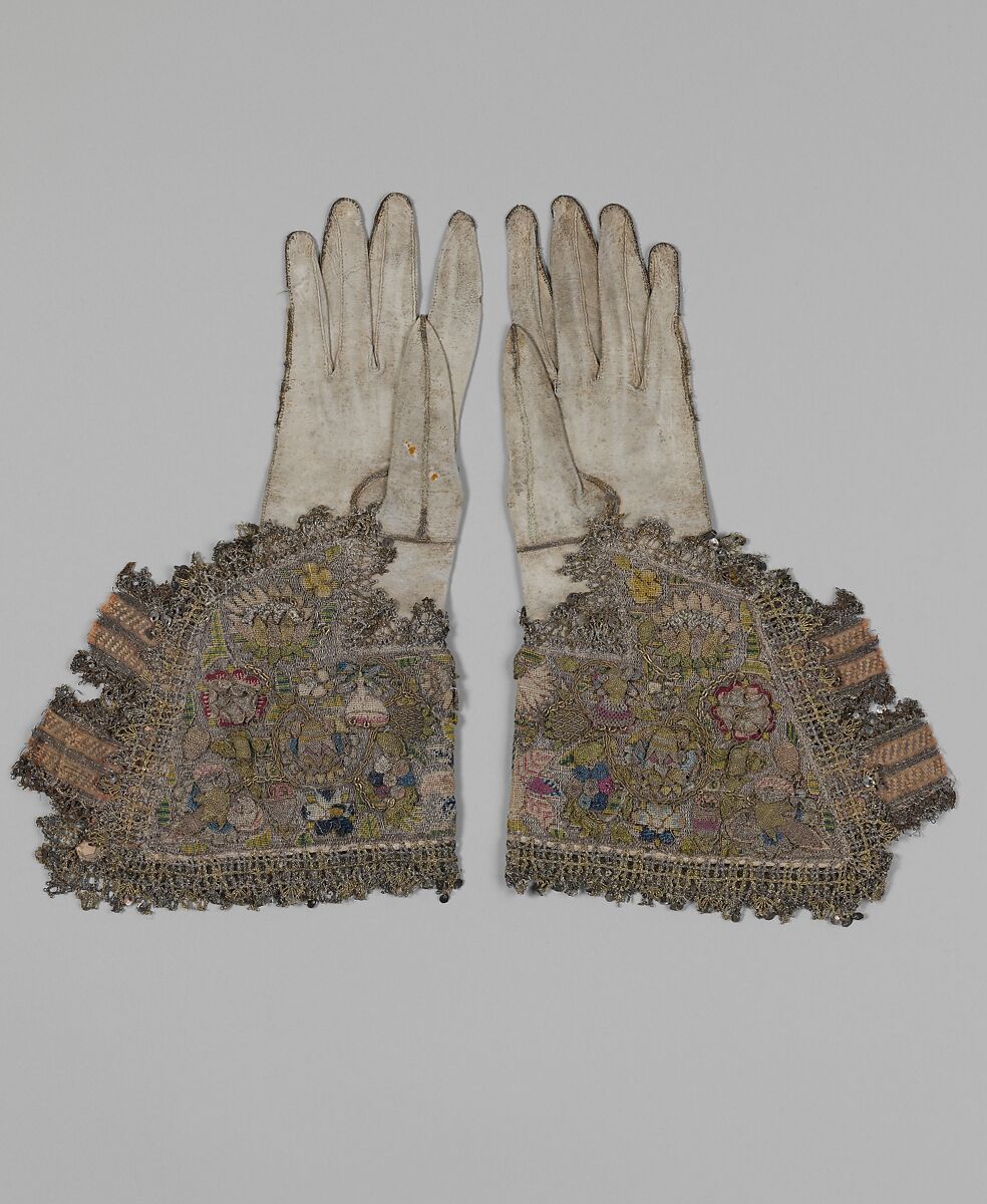 Pair of gloves, Leather; canvas worked with silk and metal thread; tent, Gobelin, detached buttonhole variations, and plaited braid stitches; metal bobbin lace; silk and metal ribbon, British
