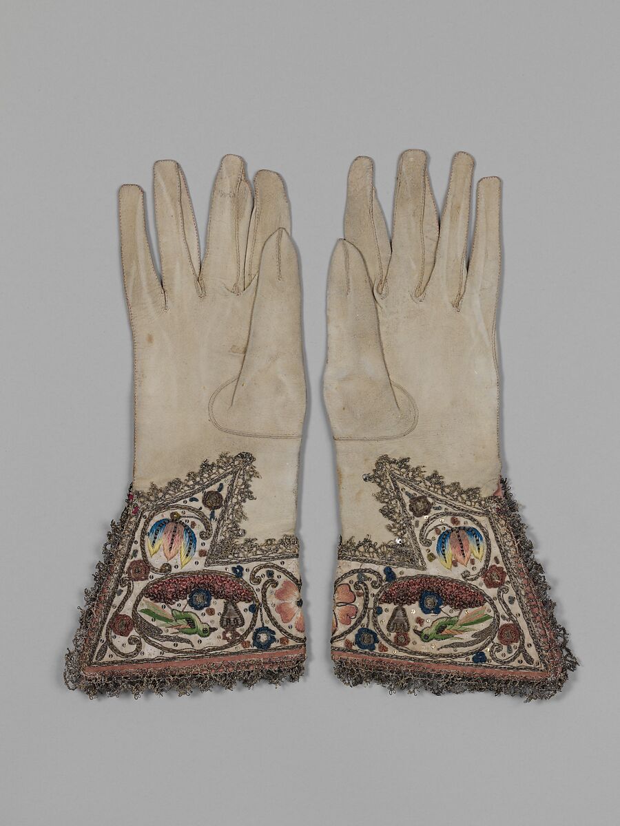 Gloves, Leather; silk worked with silk and metal threads, spangles; long-and-short, knot, satin, and couching stitches; metal thread bobbin lace, British or Dutch